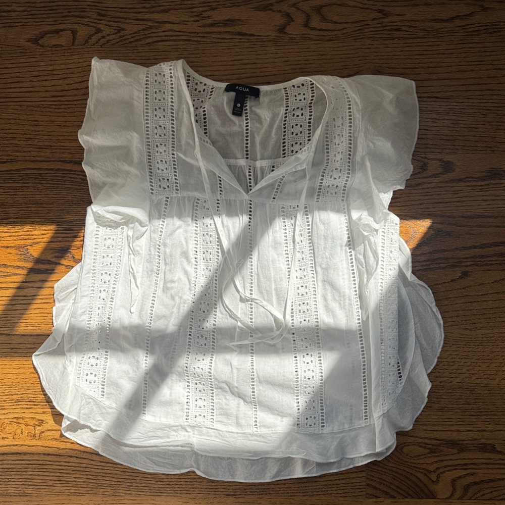 Aqua White Eyelet Tie-Front Peasant Blouse